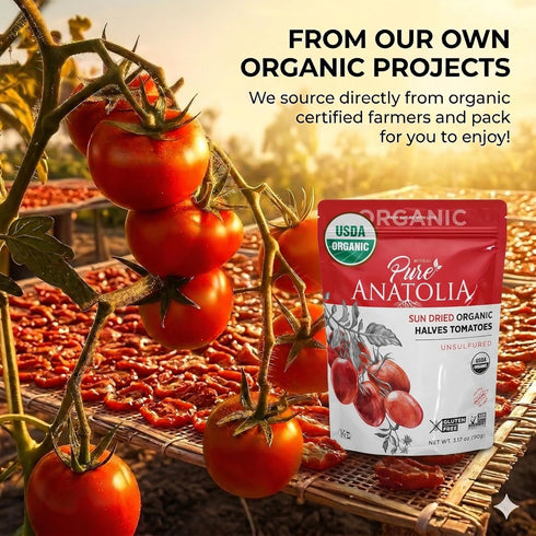 Packed, 3.17 oz Pure Anatolia Organic Sun-Dried Tomatoes Halves Cut Dry No Oil Added, Unsulfured, No Preservatives