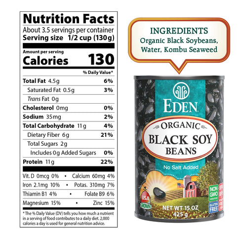15 oz (6-Pack), Eden Organic Black Soybeans, Can Complete Protein, No Salt, Non-GMO, Gluten Free, Vegan, Kosher, U.S.