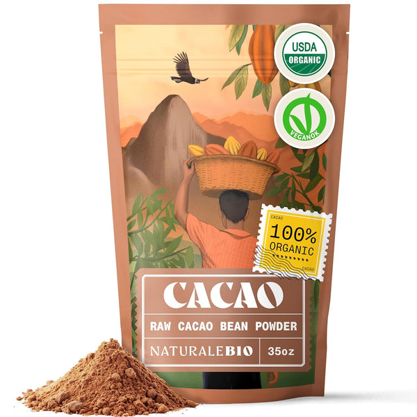 NaturaleBio Cacao Powder Organic 35oz. Unsweetened, Non-Alkalized and Pure. Cocoa Powder Substitute
