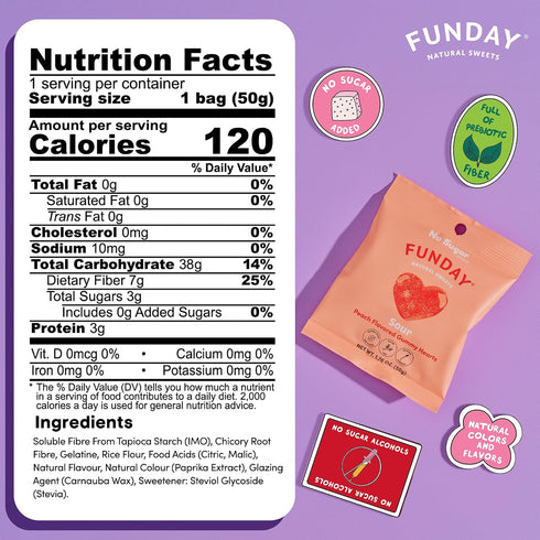 12 50g FUNDAY Sour Peach Hearts x Bags No Sugar Added Gluten-Free Sour Candy with Natural Flavors & Prebiotic Fiber