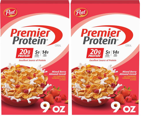 Premier Protein Mixed Berry Almond Cereal, Protein Cereal Flakes Mixed with Dried