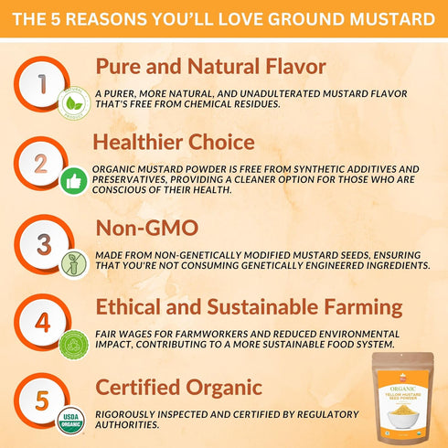 Powder-16 Oz. SPICY ORGANIC Ground Yellow Mustard Seeds Certified USDA Organic - The Perfect Pickling Spice for Cooking