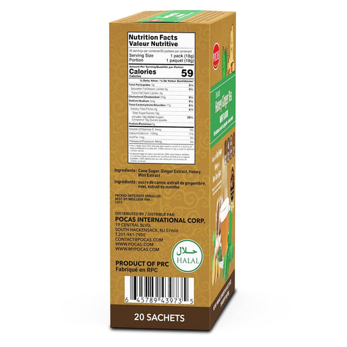 Pocas 20 Packets Honey Ginger Instant Tea Powder, Mint Flavor, Real Ginger Extract & Sweetener, Caffeine-Free Tea