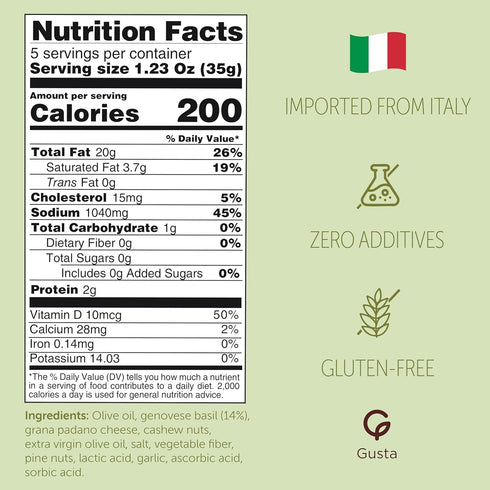 6.35 oz Imported Italian Fresh Basil Pesto Sauce - Extra Creamy - Extra Virgin Olive Oil, Cheese & Nuts - Delicious