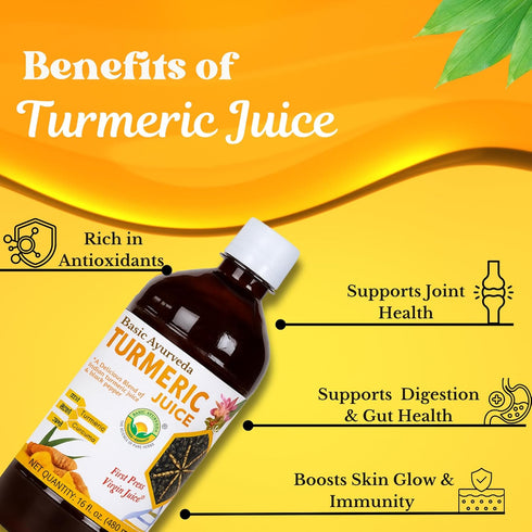 16.23 Oz (480ml) BASIC AYURVEDA Turmeric Juice with Black Pepper | Pure Haldi Extract for Wellness Support |