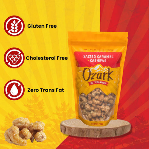 OZARK (14 oz) NUT ROASTERS, Salted Caramel Cashews, Flavored Snack Nuts, Gluten-Free Gourmet Candied Cashews, Blend