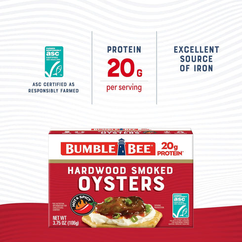 3.75 oz 20g Bumble Bee Hot & Spicy Hardwood Smoked Oysters, Tin - Protein per Serving, Gluten Free, Keto