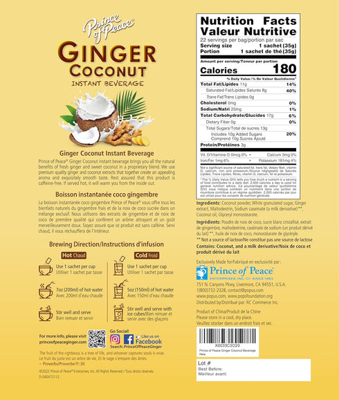 22 Prince of Peace Ginger Coconut Instant Beverage, Sachets Instant Hot or Cold Beverage that Soothes Throat Easy