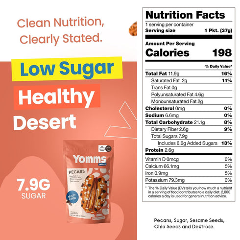 Yomms 3.5 oz, 3.5oz Nutty Chia Glazed Whole Pecan Halves, Gluten-Free & Non-GMO Healthy Dessert Snack Low Sugar Chia