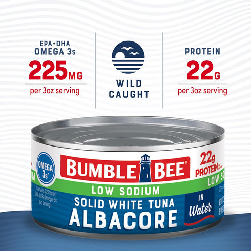 Albacore 12 oz (Pack 12) 22g Omega-3s Bumble Bee Low Sodium Solid White Tuna in Water, Can of - Wild Caught Tuna