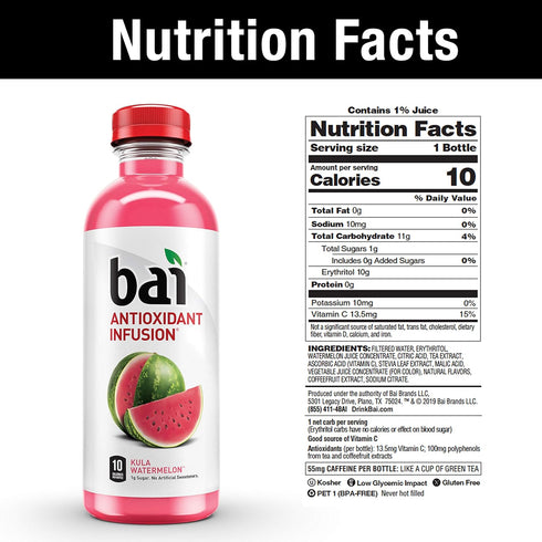 18 6 Count Bai Flavored Water, Kula Watermelon, Antioxidant Infused Drinks, Fluid Ounce Bottles