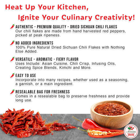 Sichuan Chili Flakes 1LB (16oz) - Traditional Red Pepper Spices for Thai, Korean, Mexican Dishes