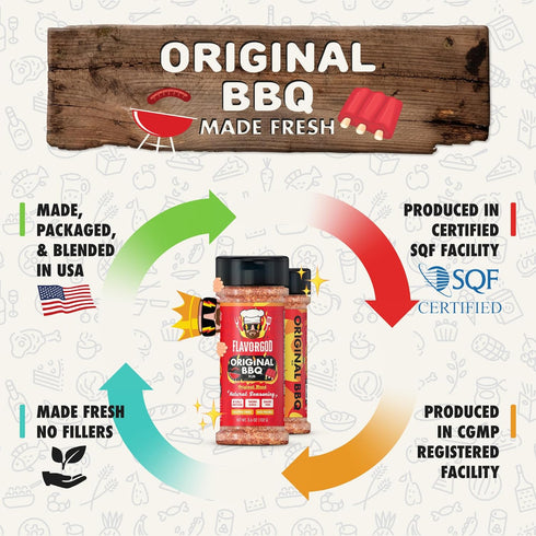 2 Flavor God Bottles Original BBQ Rub Mix, Natural Healthy Spice Blend For Grilling Chicken, Wings, Beef, Pork, Bacon