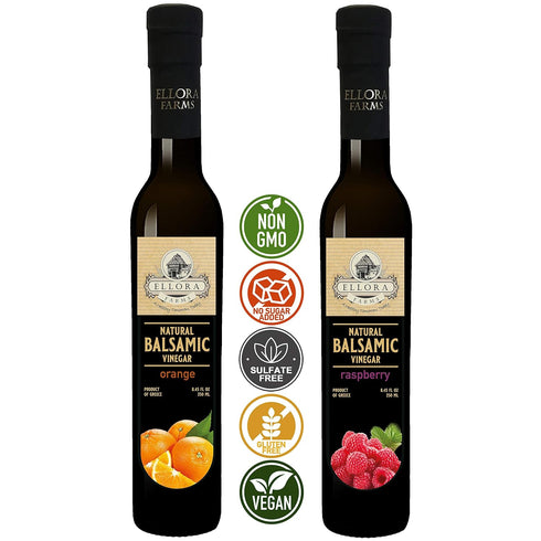 ELLORA FARMS A HEALTHY TOMORROW, TODAY Ellora Farms, Combo Pack Fresh Orange and Raspberry Infused Balsamic Vinegar Creme,