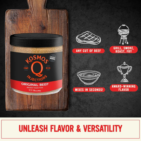 16 Oz Kosmos Q Original BBQ Beef Injection, Award-Winning Brisket Marinade for Ribs, Roasts, & More, Moisture-Retaining