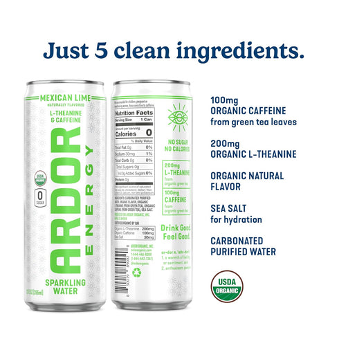 100mg 200mg 0 12 ARDOR Sparkling Water with Natural Caffeine & L-Theanine from Organic Green Tea for Smooth Energy