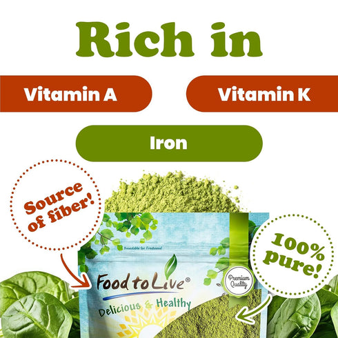 1 Food to Live - Spinach Powder, Pound Finely Ground Dehydrated Leaves, Pure, Vegan, Kosher, Bulk. Source of Fiber