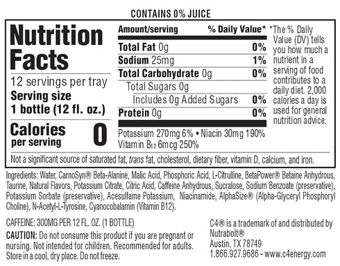 C4 12 Oz (Pack 12) Ultimate Non-Carbonated Zero Sugar Energy Drink, Pre Workout Drink + Beta Alanine, Fl