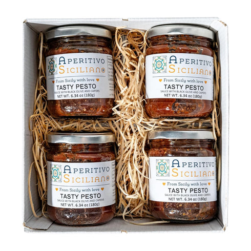 4 6.3 oz Aperitivo Siciliano - Traditional Sicilian Pesto with Black Olives and Capers - Perfect for Pasta, Vegetables