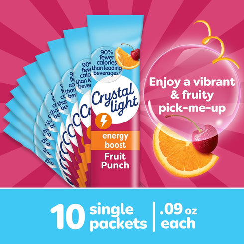 10 Packets Crystal Light Energy Boost Fruit Punch Drink Mix, ct On-the-Go