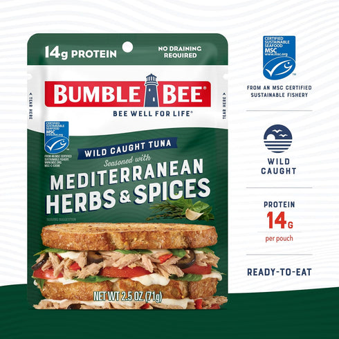 Bumble Bee Mediterranean Herbs & Spices Tuna, 2.5 oz Pouch (Pack of 12) - Ready to Eat - Wild Caught - 14g Protein per Serving - No Draining Required