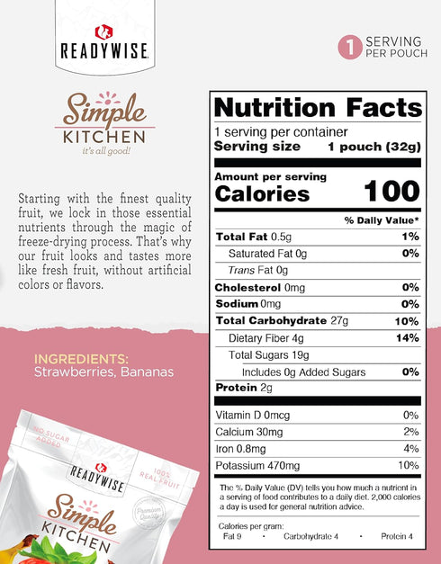 Pack 1, READYWISE - Simple Kitchen, Freeze-Dried Strawberries & Bananas, of Vegetarian, Gluten Free, Snacks