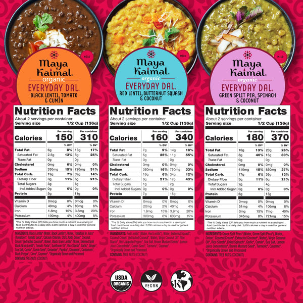 Pack 2 10oz 3 2 Maya Kaimal Foods - Organic Indian Everyday Dal Variety No. - flavors, Each - Red Lentil, Black Lentil