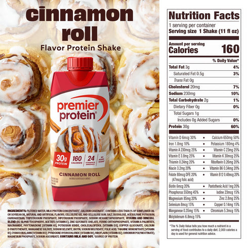 30g 24 Immune 11.5 oz, 12 Pack Premier Protein Shake, Cinnamon Roll, Protein, No Added Sugar, Vitamins & Minerals