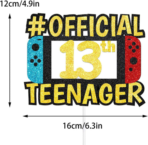 13th Official Birthday Theme Cake Topper Decorations - Cheers to 13 Years Old Party Picks - Handmade Black Gold Red