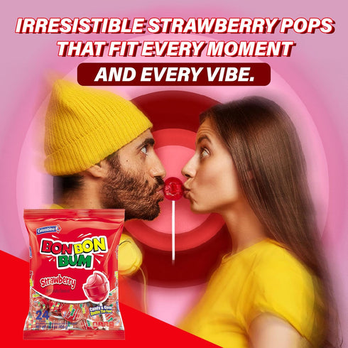 24 Count Colombina Bon Bon Bum Strawberry Lollipops Fruit Hard Candy, Individually Wrapped Sweet Strawberry Pops