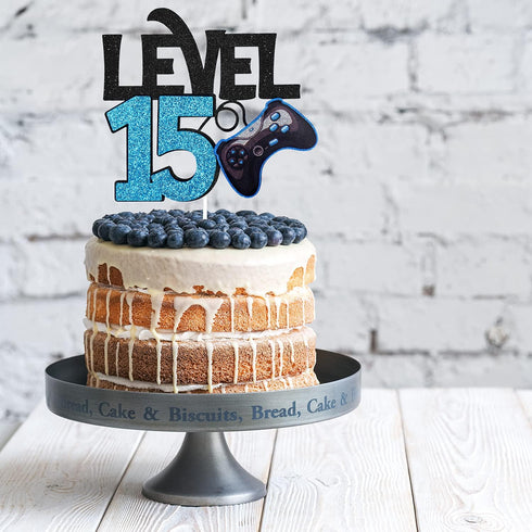 Level 15 Game Birthday Cake Topper - Video Game Boy's 15th Birthday Level Up Party Supplies - Blue Gaming Party