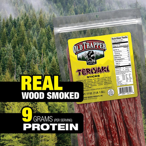 17-Ounce 9 150 (Pack Old Trapper Teriyaki Snack Sticks, Resealable Bag, Natural Wood Smoked Meat Sticks, Grams