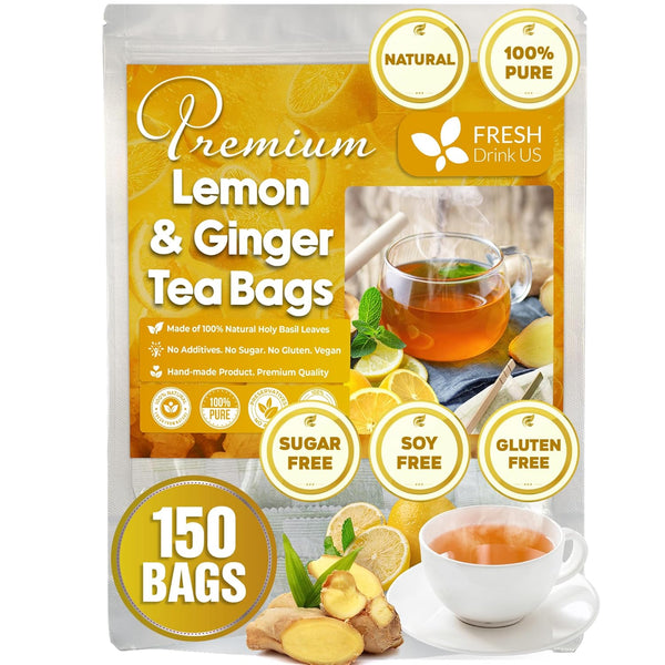 Premium 150 Lemon Ginger Tea Bags - 100% Natural Ingredients, Eco-Conscious Tea Bags, No Sugar, No Caffeine, Vegan
