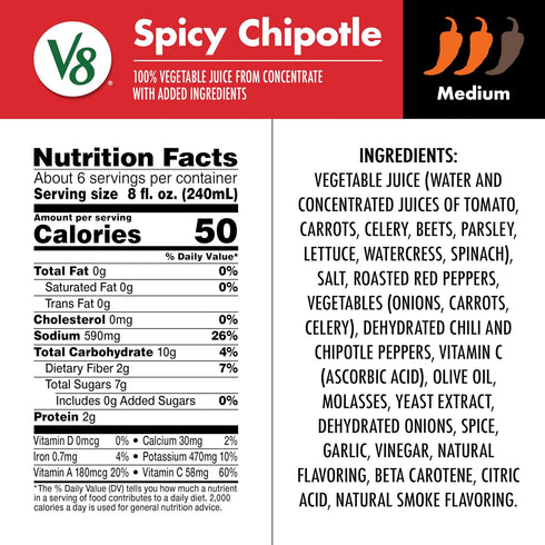 V8 100% 46 oz (12 Pack) Spicy Chipotle Vegetable Juice, fl Bottle