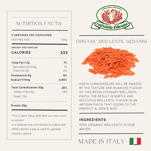 100% 250g, 3-Pack Rustichella d'Abruzzo Organic Red Lentil Sedanini, Gluten-Free Pasta Made with Flour, Rich