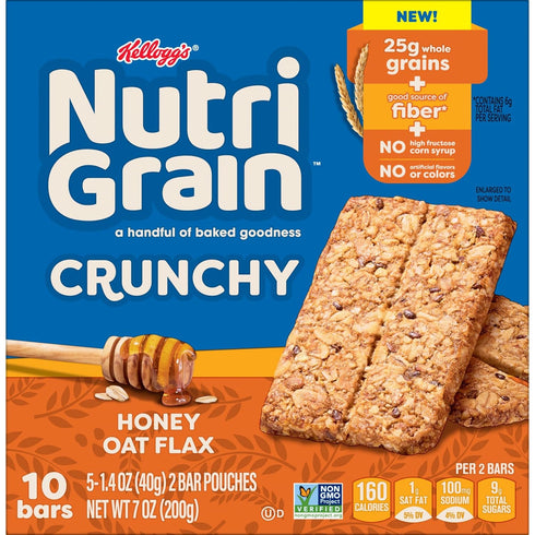 7oz (10 Nutri-Grain Crunchy Honey Oat Flax Bars, Fiber Bars, Whole Grain, Box Bars)