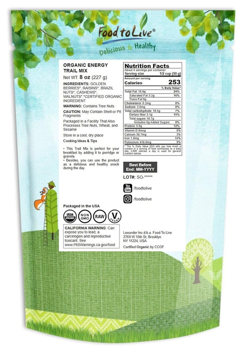 8 Food to Live Organic Energy Trail Mix, Ounces Non-GMO and Raw Nuts and Berries including Cashews, Golden Berries