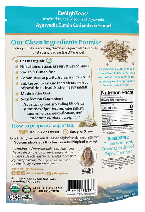 30 4g DelighTeas Organic Digest & Detox CCF Tea | Eco-friendly, Compostable Pyramid Tea Bags | Ayurvedic Cumin