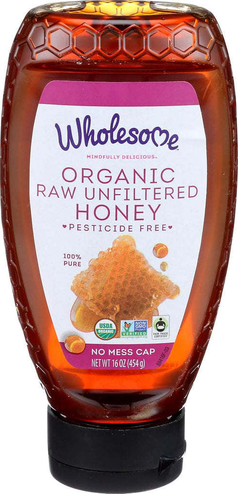16-Ounce 100% 1 Pack Wholesome Sweeteners Organic Raw Unfiltered Honey Bottle, Pure, Fair Trade Certified, Non GMO