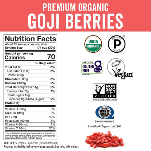 1 lb (454 Viva Naturals Organic Dried Goji Berries, g) Non-GMO, Vegan Wolfberries, Perfect for Goji Berry Tea