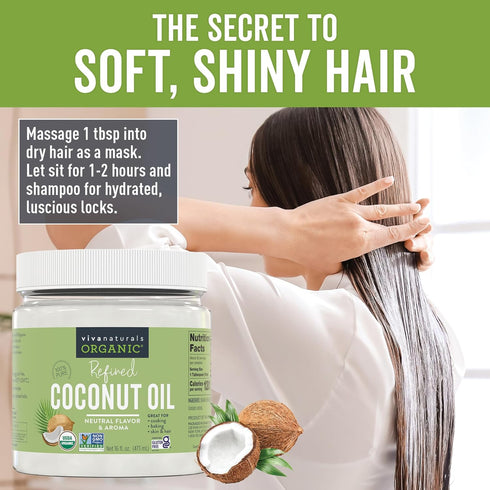 Viva Naturals Refined Coconut Oil, 16 Fl Oz Expeller-Pressed Organic Oil for Cooking and Baking