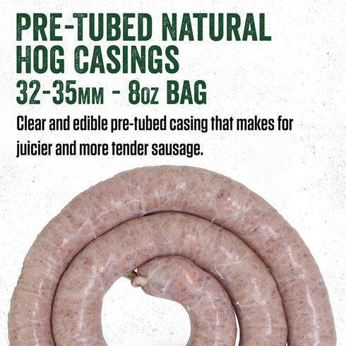 LEM Products Pre-Tubed Natural Hog Casings, 32-35mm, Edible Sausage Casings, 9.6 Ounce Package, Stuffs Approximately 50