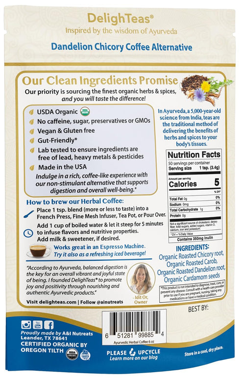 50 6oz. DelighTeas Organic Coffee Alternative | Ayurvedic Herbal Chicory Dandelion Coffee | Coffee Substitute | USDA