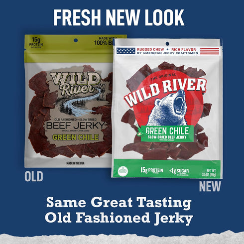 100% 15g 3.5 (Pack 4) Wild River Green Chile Beef Jerky, Old Fashioned Beef Jerky, Gluten Free, Deliciously Seasoned