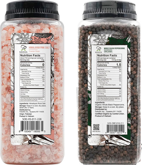 39 oz 18 oz, Set Soeos Himalayan Pink Salt Coarse + Organic Black Peppercorns Salt for Grinder Refill, Salt