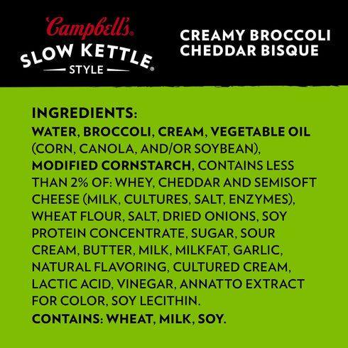 Campbell's Slow Kettle 15.5 oz (Pack 3) Style Creamy Broccoli Cheddar Bisque, Microwavable Bowl
