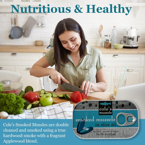 4oz Hand-Packed 14g Pack 5 Coles Patagonian Smoked Mussels Canned in Extra Virgin Olive Oil | Tinned Mussels | Protein