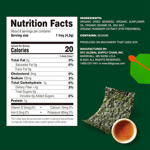 6 Packets, 0.16 (Pack 6) Bibigo Sesame Flavored Seaweed Snacks, Individual Ounce