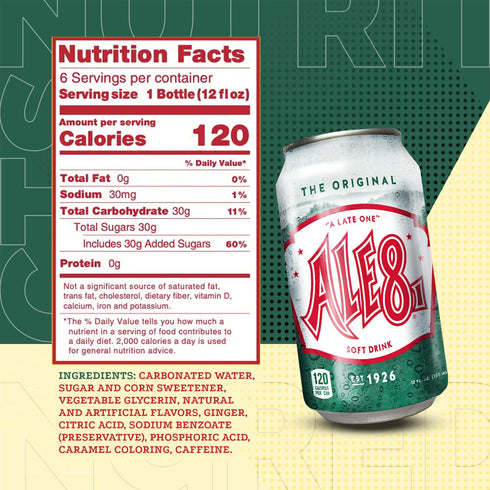 8 12 Pack, 12 Oz Pack 12 Ale One Ginger Ale Soda with a Caffeine Kick & Hint of Citrus - The Original Flavor - Case