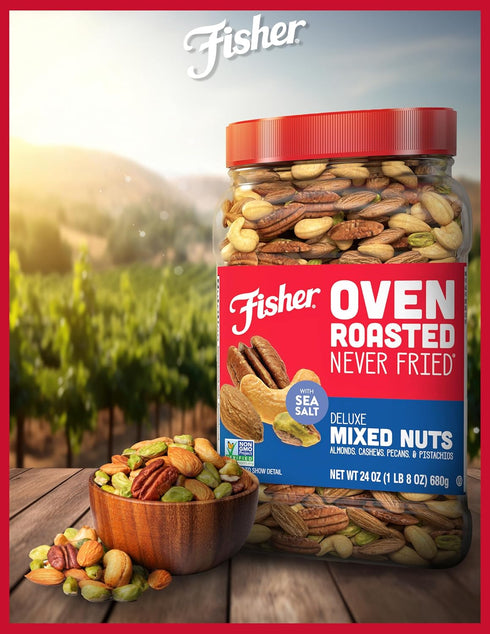 Fisher Oven Roasted Never Fried Deluxe Mixed Nuts, 24 Ounces (Pack of 1) - Almonds, Cashews, Pecans, Pistachios